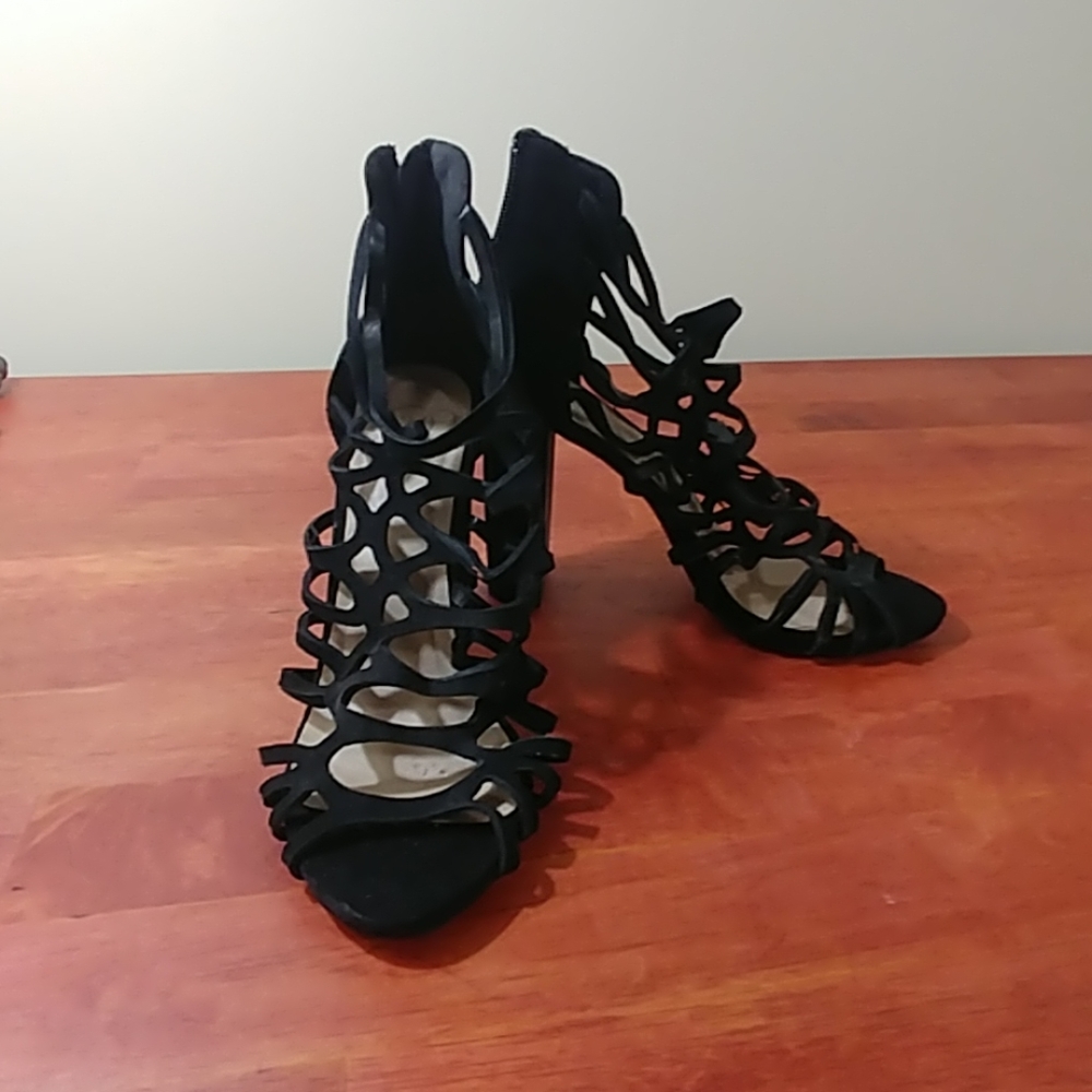 Black Faux Strappy Sandal Heels